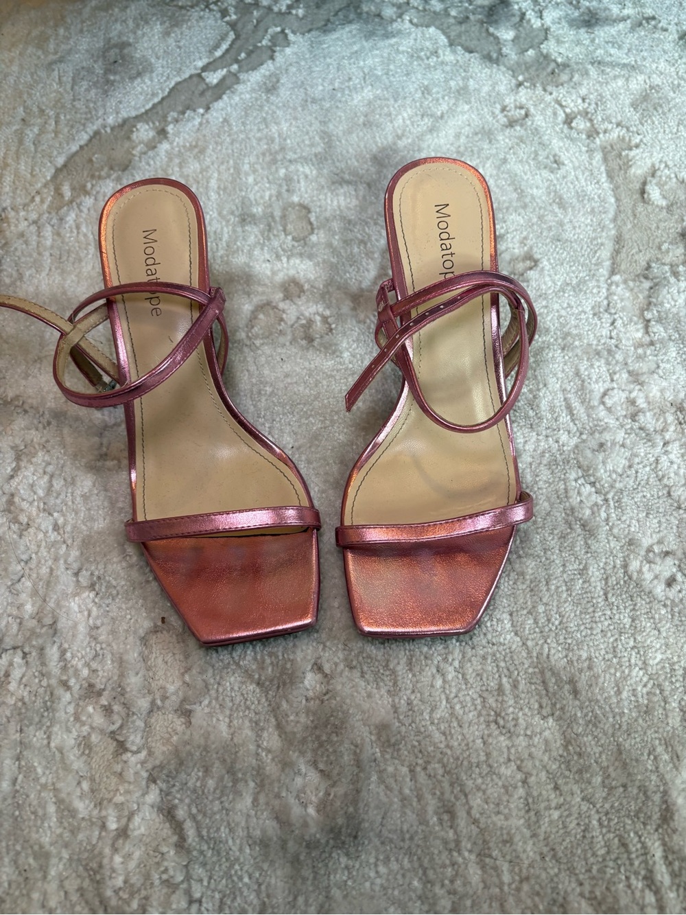 Modatopé Metallic Rose Strappy Block Heel Sandals - Rose Gold